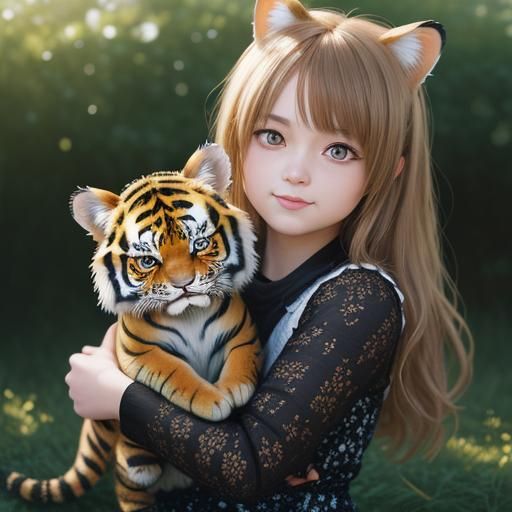 Plush toy tiger being hugged by a girl (Dream Shaper V8)
