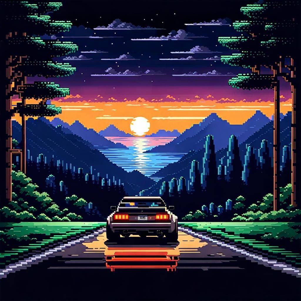 Pixel Car Racer in a beautiful night scenery, 8-BIT 16-BIT pixels ...