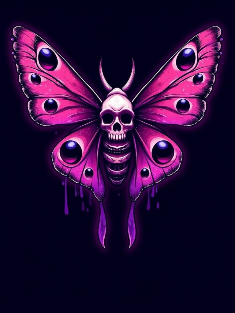 <lora:Bold lines:1.0> <lora:New school design:1.0> Moth with a skull body, eyes on its wings with multiple pupils, bold black lines, vibrant...