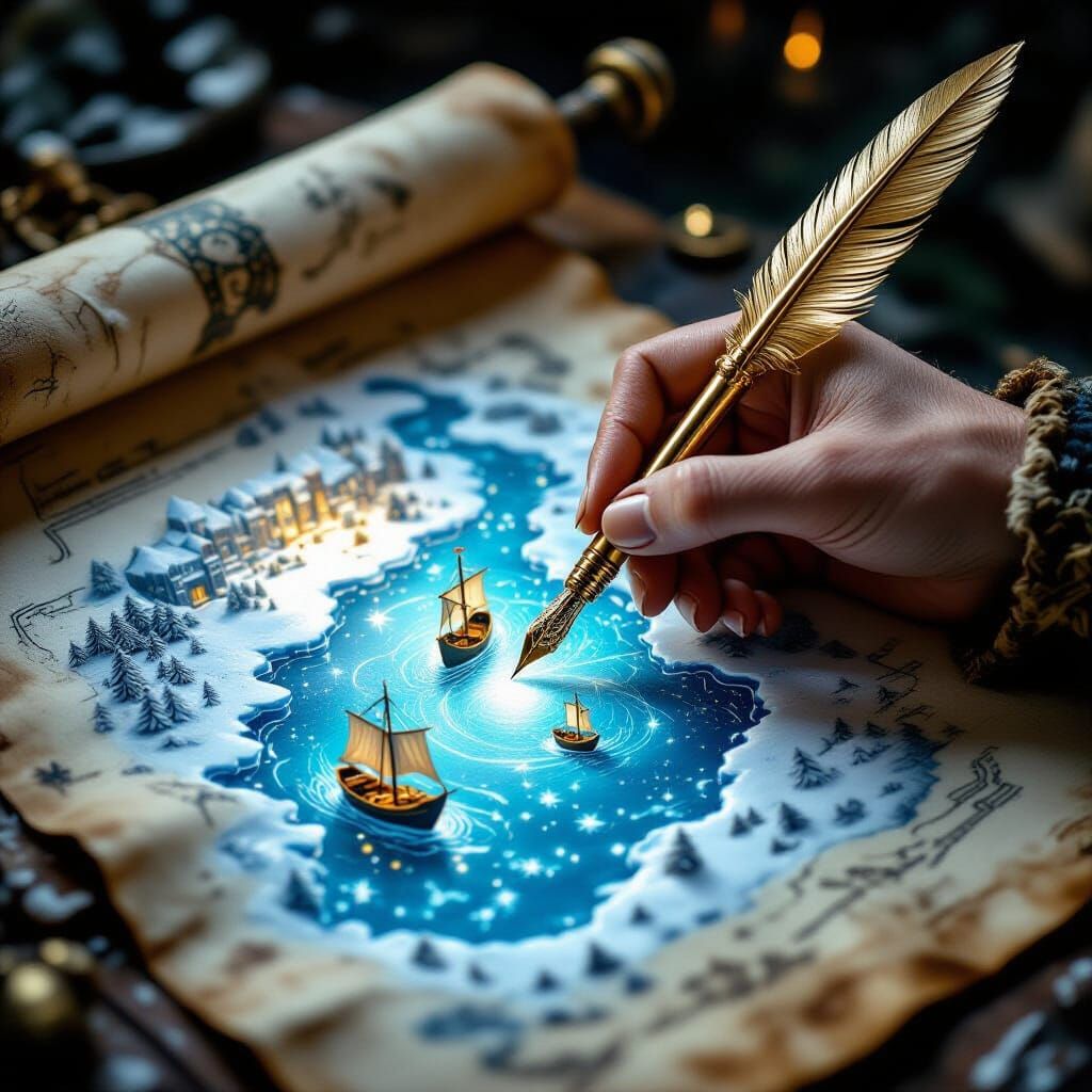 Image is a highly detailed digital artwork depicting a magical Winter Trains scene. A hand holds a golden quill pen, drawing on an ancient s...