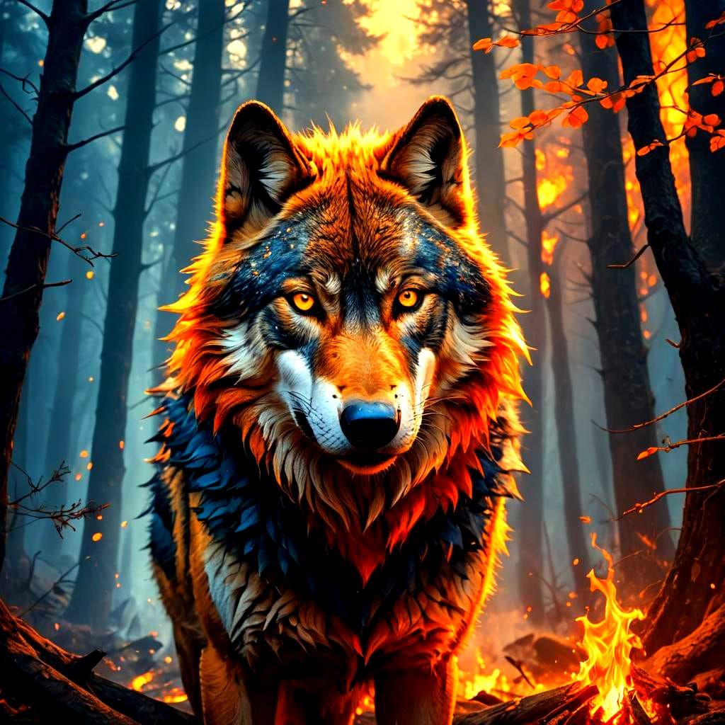 wolf face in fire

