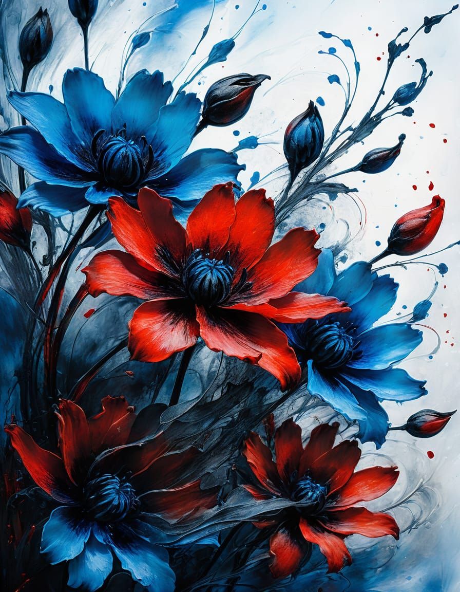 Flowers in Blue and Red and Black.  by @Queen_Asha