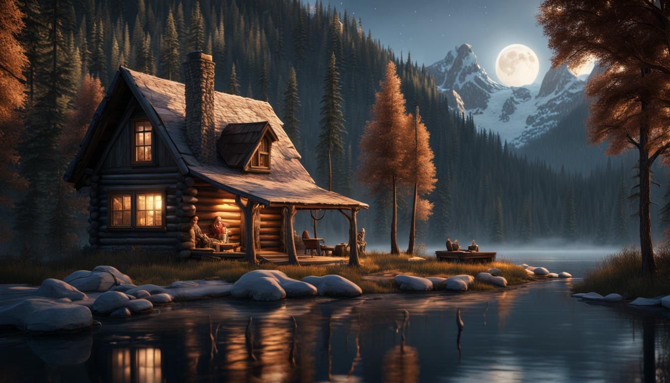 Log Cabin Forest Mountains, lake and stream. Furs hanging from shed