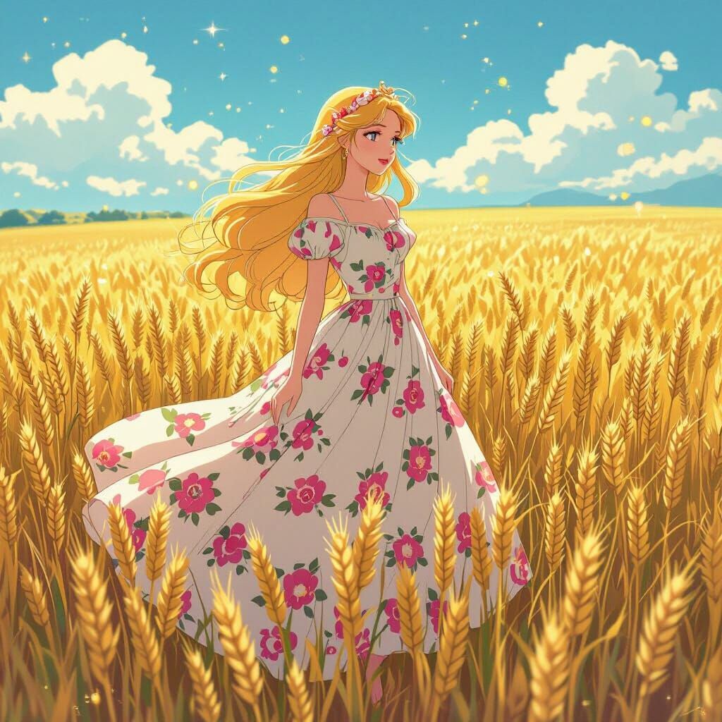 Anime Sleeping Beauty in 70s Dress in Wheat Field