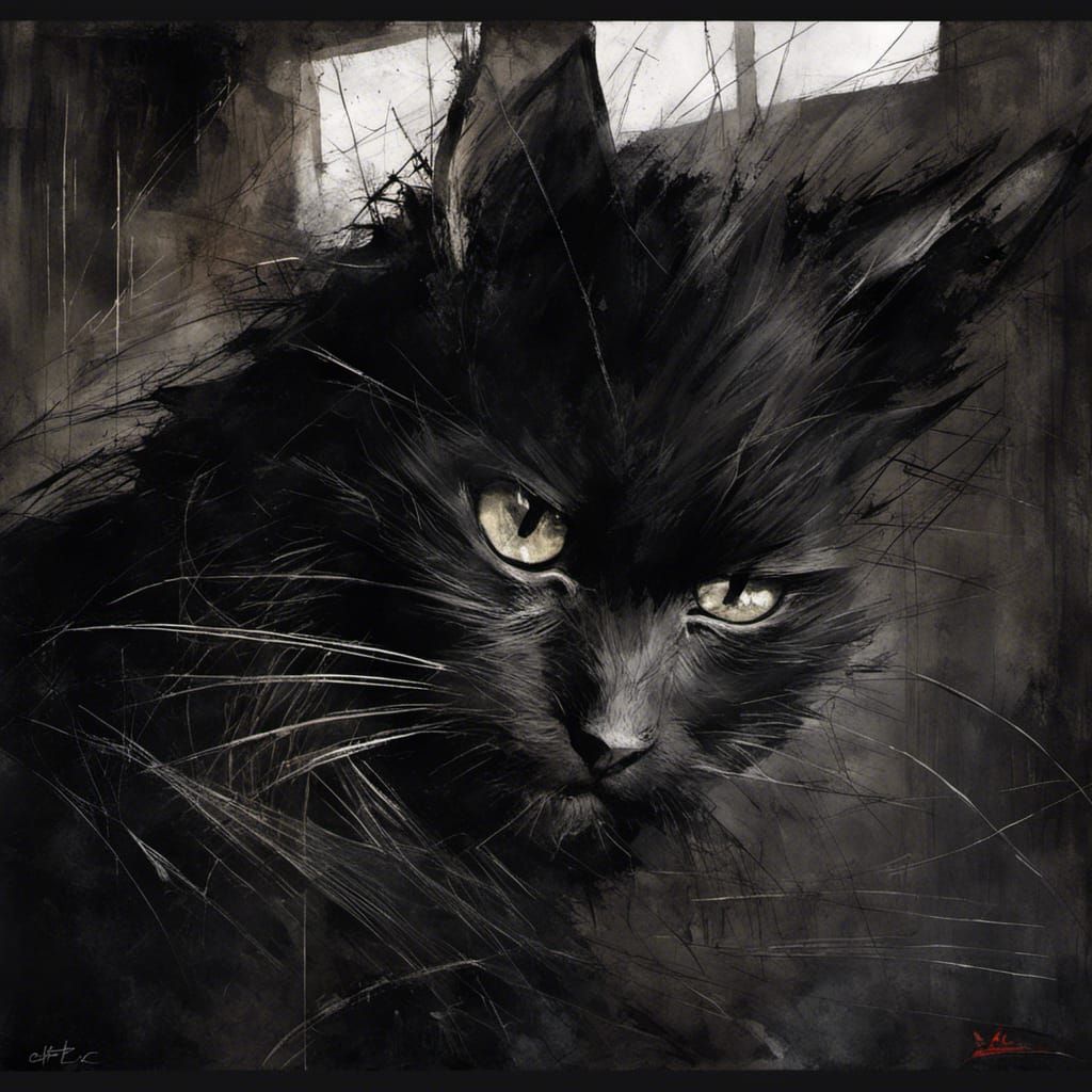 {an adorable sinister black cat with shiny long spiky fur inside an ...