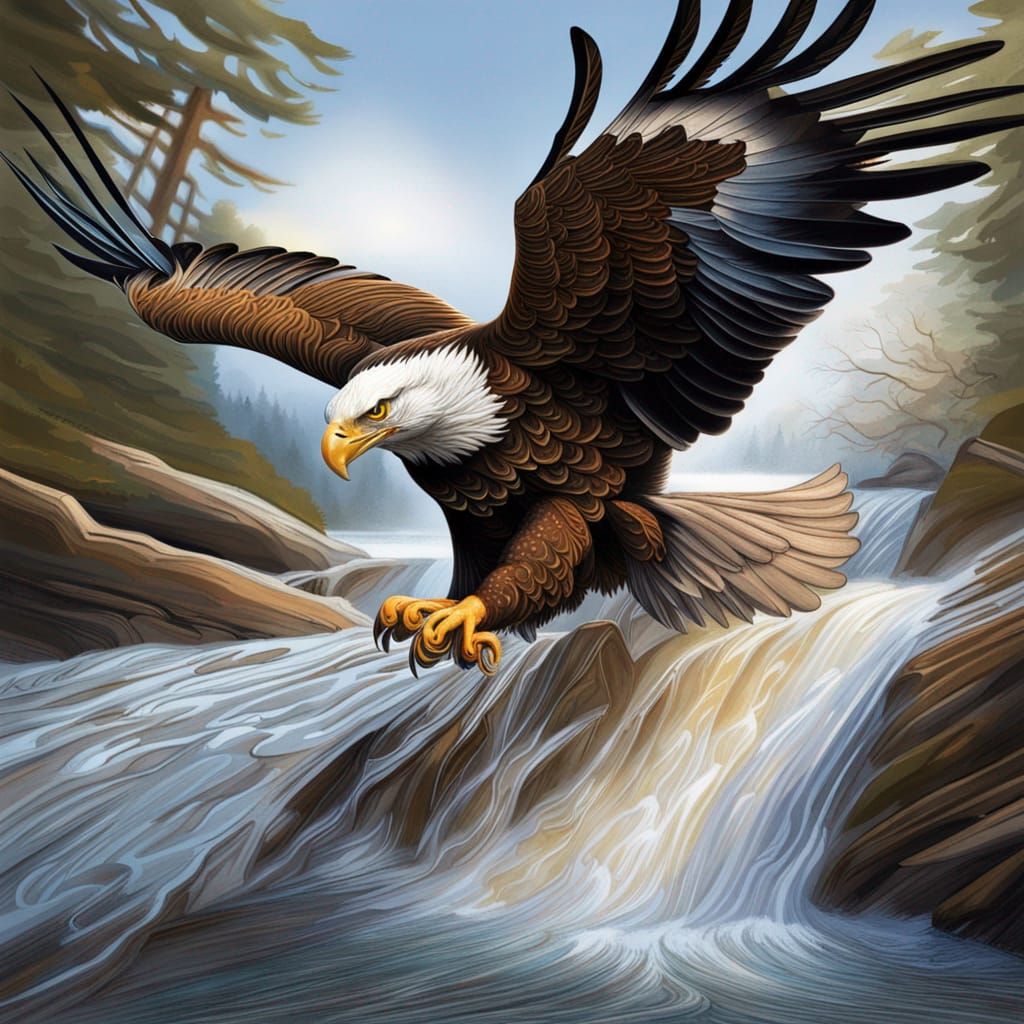 Eagle flying over stream, detailed feathers, grasping large fish in talons, photorealistic, rocky river ...  by @Kristi