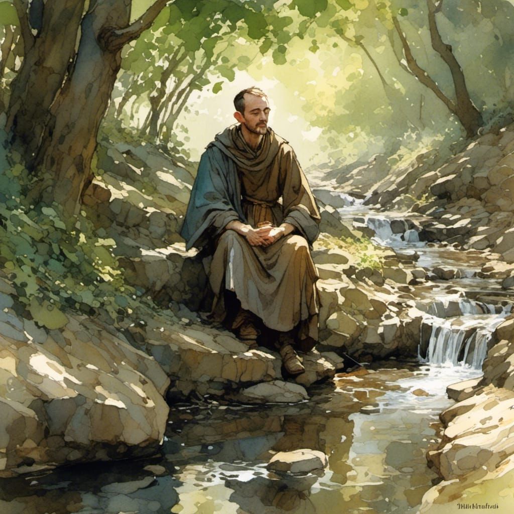 <lora:Bright:1.0> Benedictine monk by a stream, Matthew macfadyen, dappled light and shadow, illustration, fairytale, medieval, storybook, D...