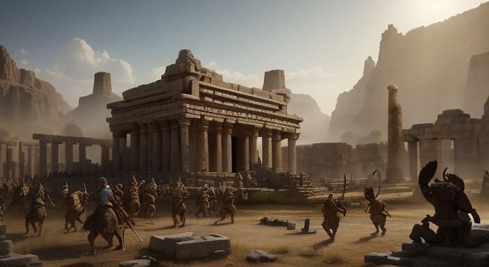 ancient Mesopotamian village, Spartans crowd an ancient temp...