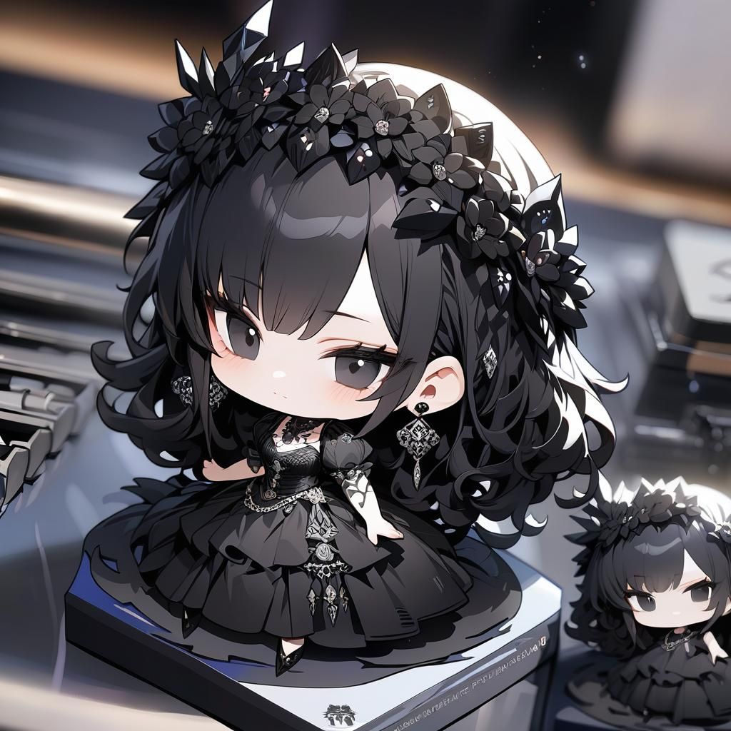 Chibi Girl with Black Flower Crown in Anime Style