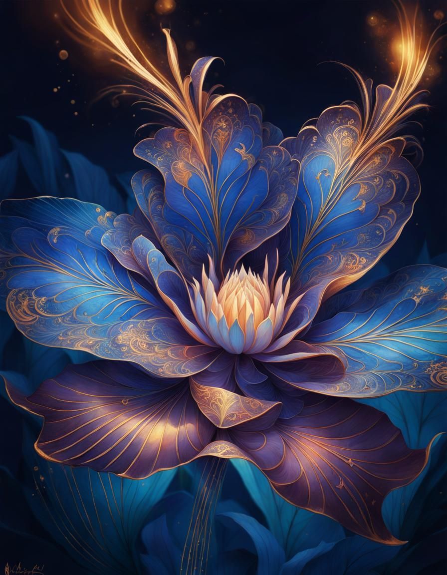 Egyptian Blue Lotus with Golden Hieroglyphics, Digital Art