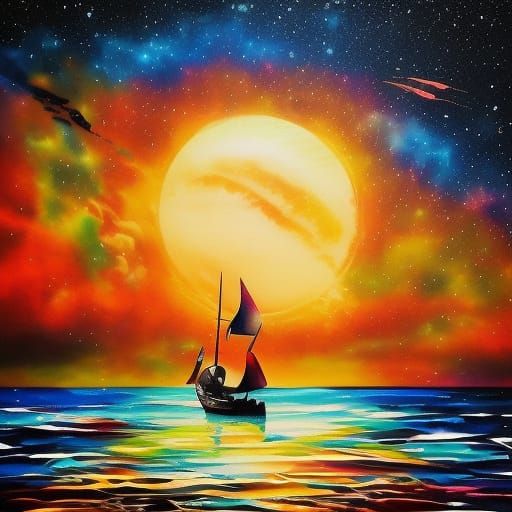 ocean, boat, sunset, darker colors, galaxy, stars, planets