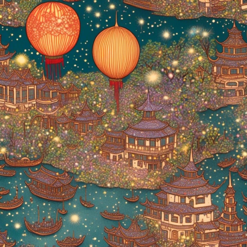 Chinese new year  themed  town with fireworks Detailed 1800s storybook illustration <lora:1800 Storybook:1.0> on cold-press paper, Louis-The...