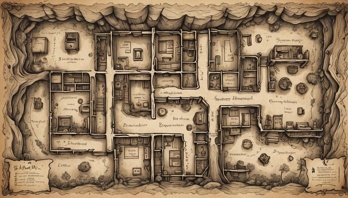 A hand-drawn map of a secret hideout with hidden traps, secr...