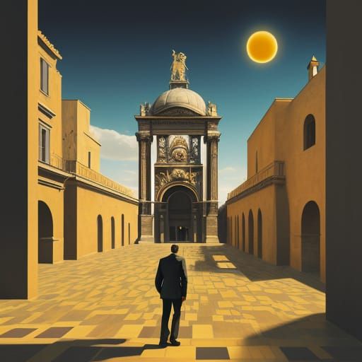 A psychedelic man in a Giorgio de Chirico paint.. psychedelic symmetry..