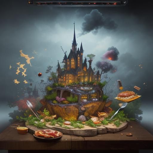 Photograph of a deconstructed bacon burger explosion with it...