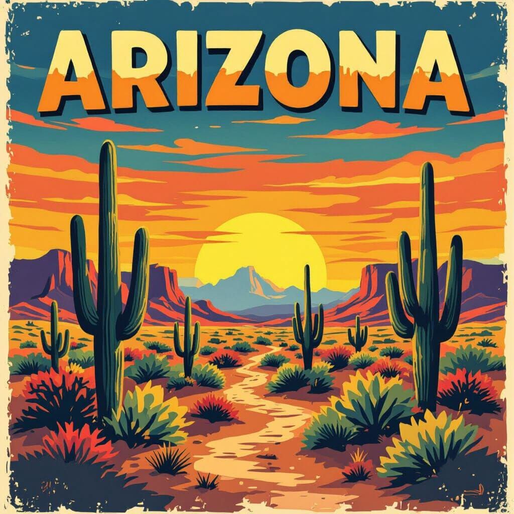 Create an image of Arizona in a pop modern, tiki, posterized style that looks like oil paint on a canvas with the text "Arizona" in a cool W...