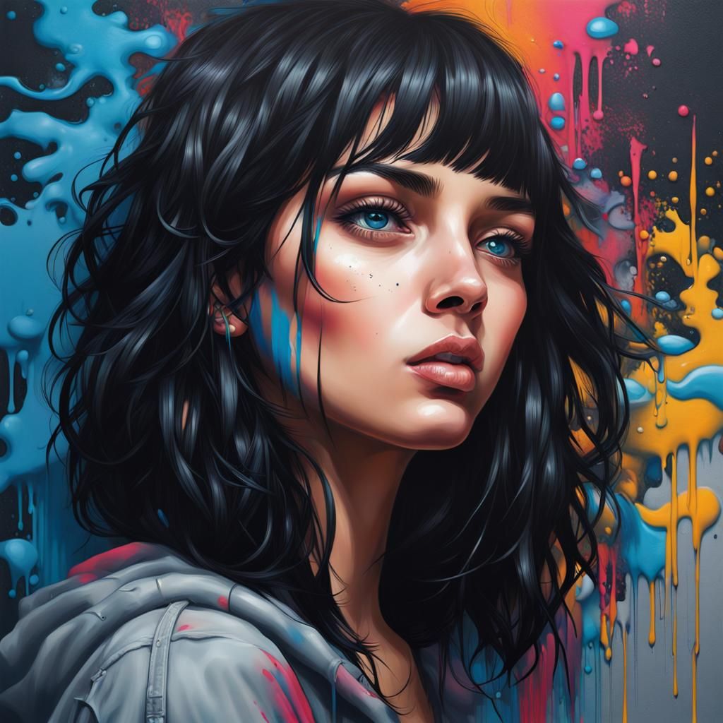 <lora:NC Hyperreal:1.0> A young woman with black hair, eyes ...