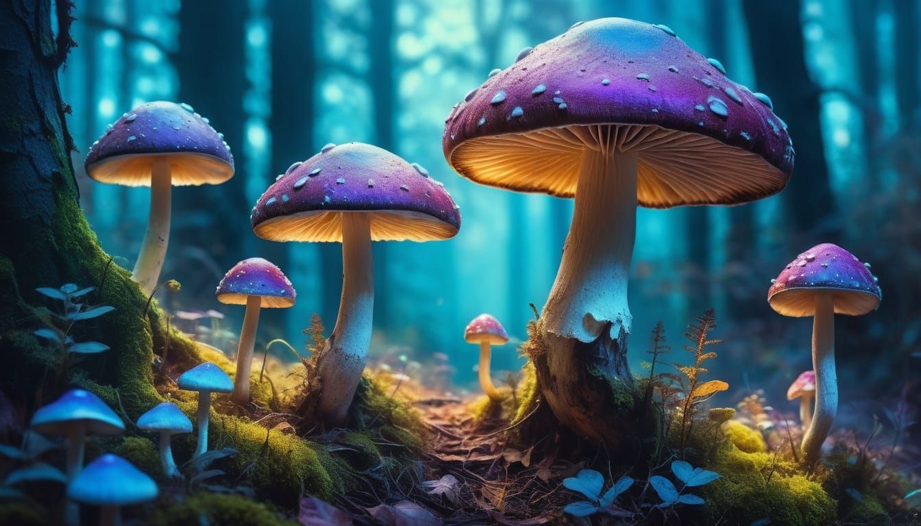 Dreamy Smoke ethereal iridescent  mushrooms.  Fluo, saturated  by @Gonzaller