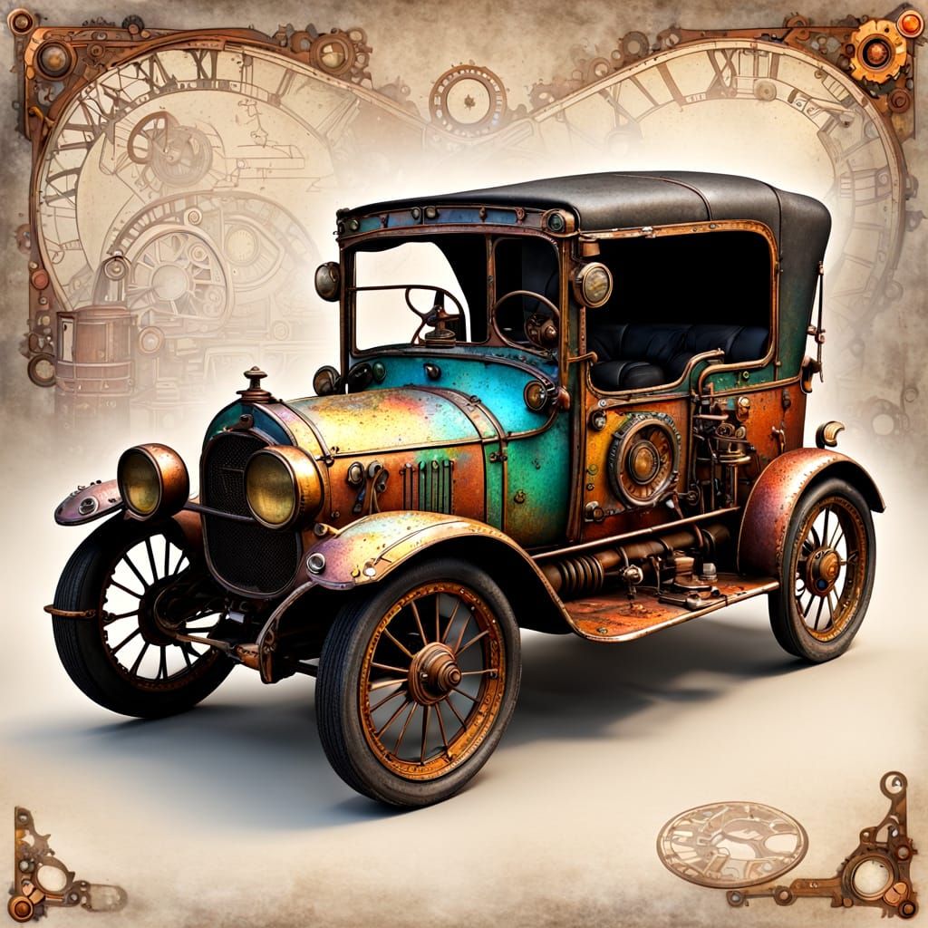 Colourful rusty Steampunk jalopy, hard brushed, black outlines, sparkles and part of new art, shiny rusty, ...  by @MrKitWalker