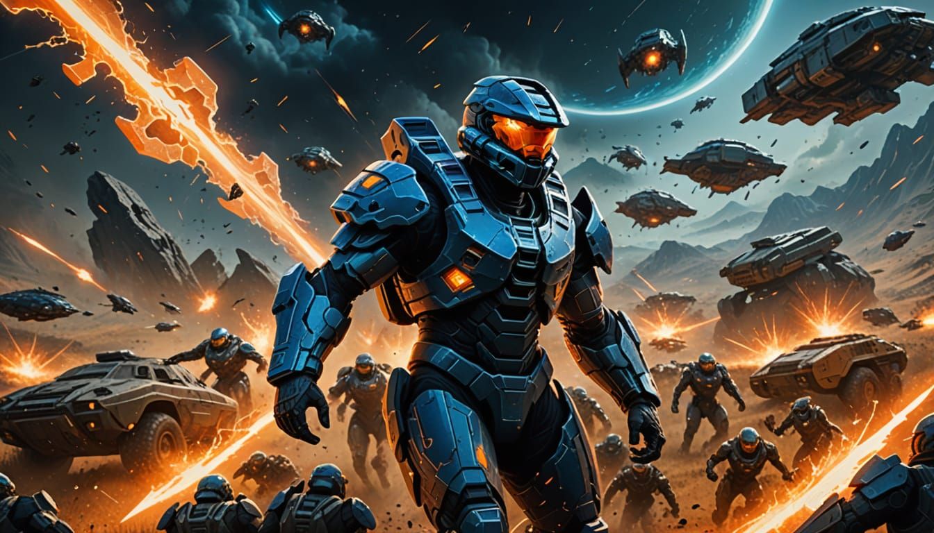 Bird-Eye View A bird-eye view shot of a Spartan warrior in Halo armor fighting on a war-torn battlefield, surrounded by Covenant troops and ...
