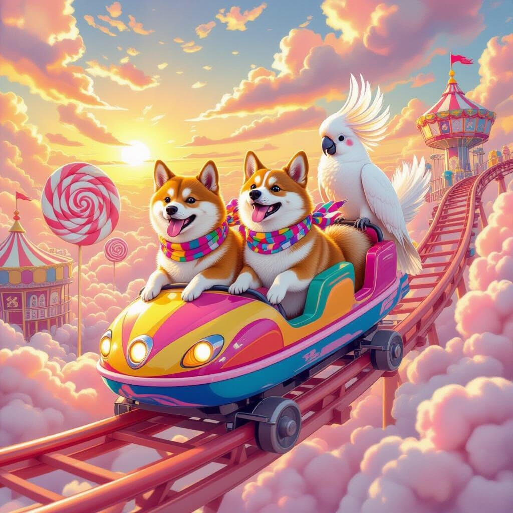 A whimsical Shiba Inu and Corgi and his new friend one cacatua color white and roses  are joyfully riding ...  by @Claudia Cecilia 