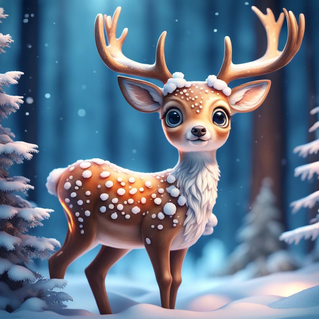 3D WaterColor Super cute deer in winter with big eyes