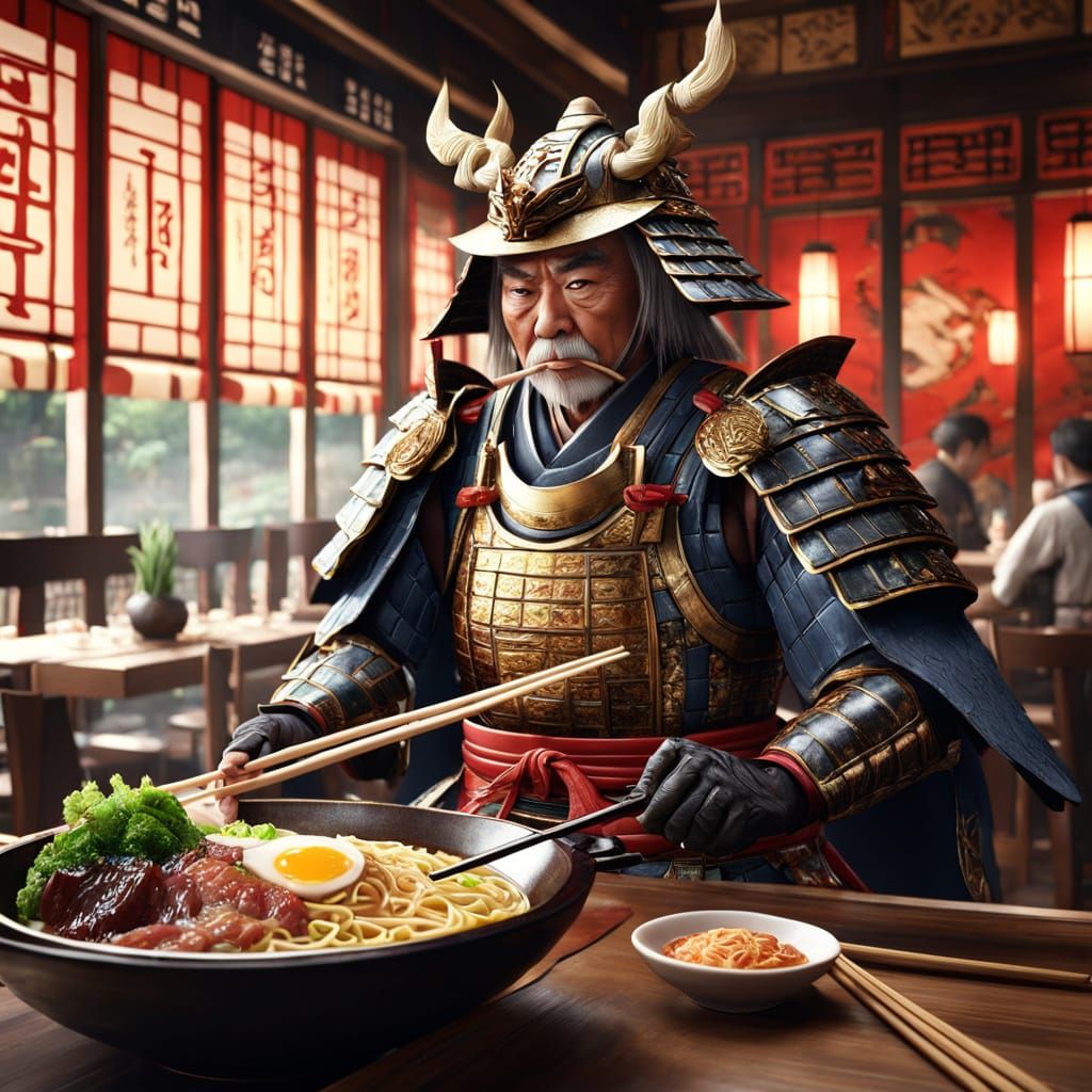 A Relaxed Elder Wise Samurai in Armor Eats a Rich Ramen in modern restaurant
