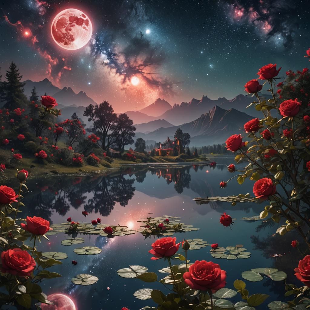 Red Old English roses, Milky Way galaxy, full moon, reflecti...