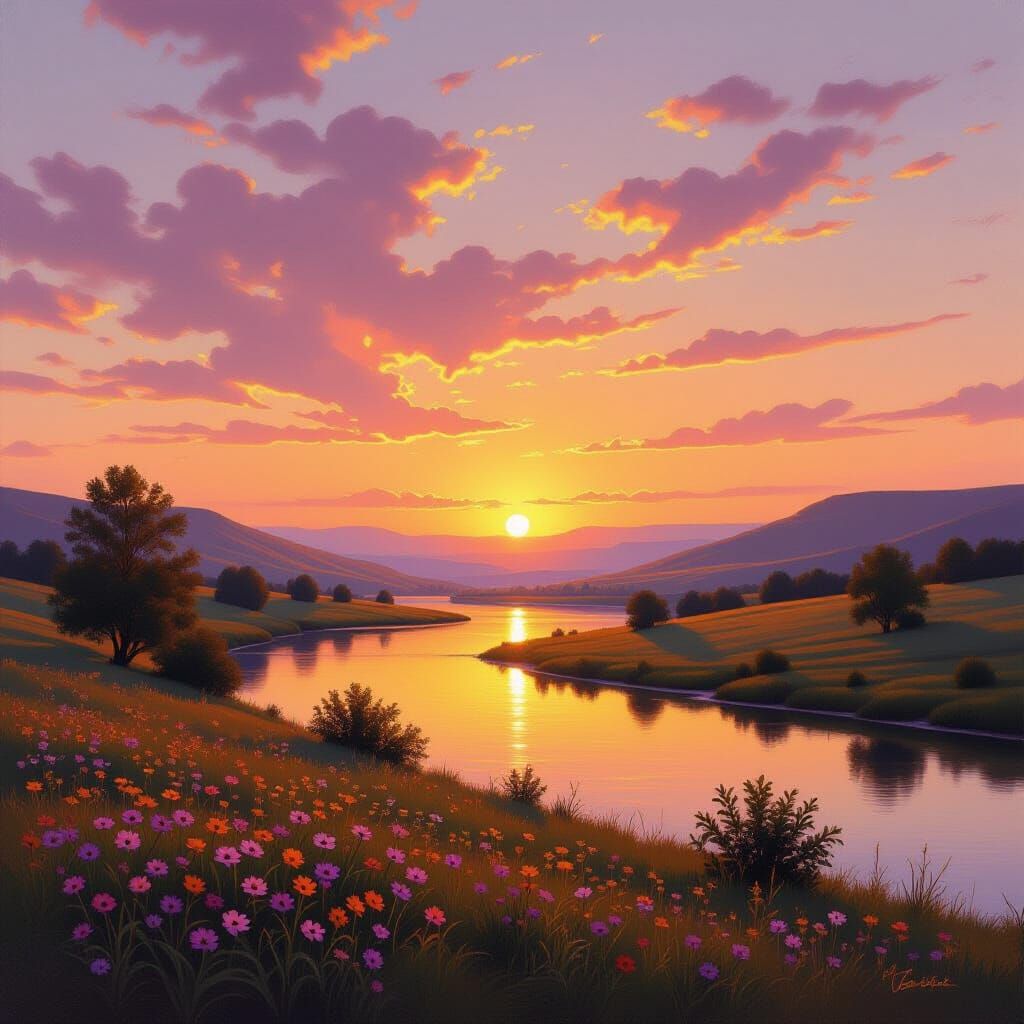 Golden Hour Landscape Painting of Rolling Hills