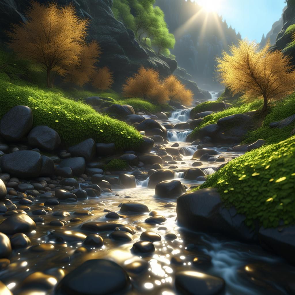 Sunlit Creek with Falling Leaves, Matte Painting