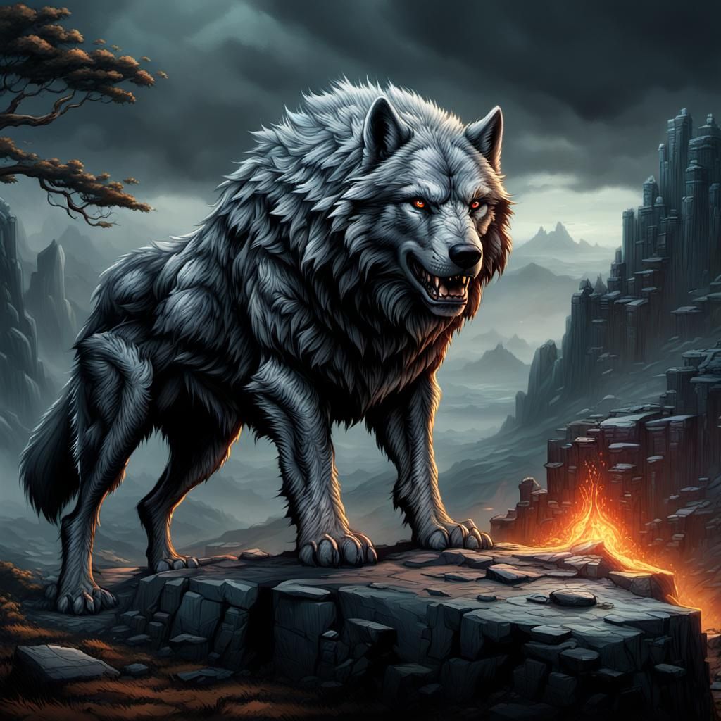 A Large Grey Dire Wolf Tanding On A Rock Epic cinematic brilliant ...