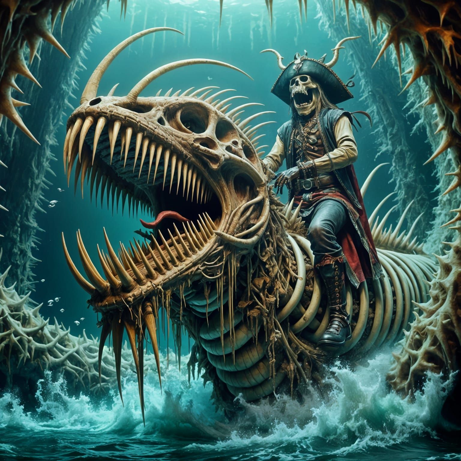 Captain bones exploring a cave with his sea monster