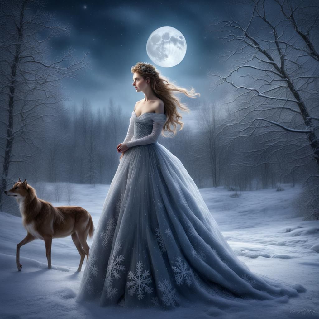 beautiful fairytale lady standing in a cold, snowy area.