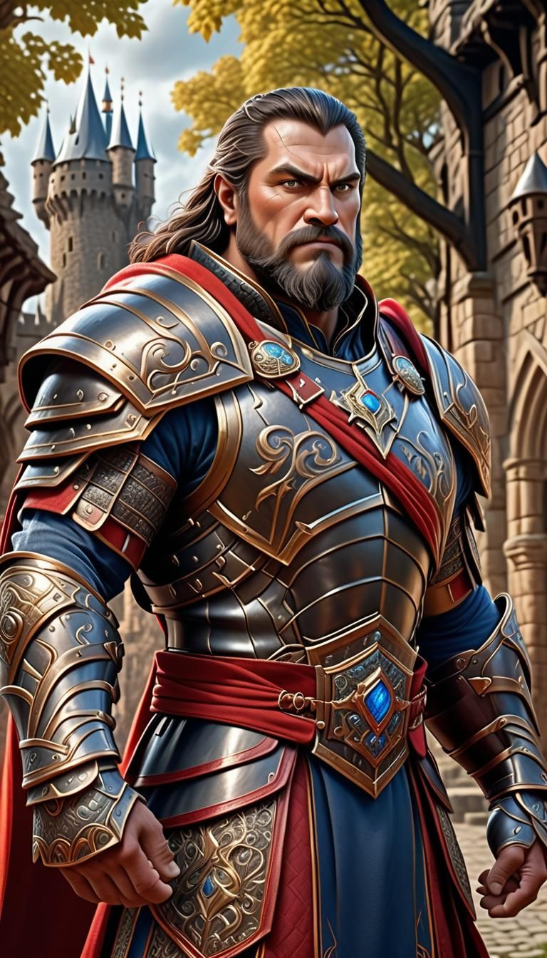 A middle age large man, muscular, dark curvy hair, beard, in...