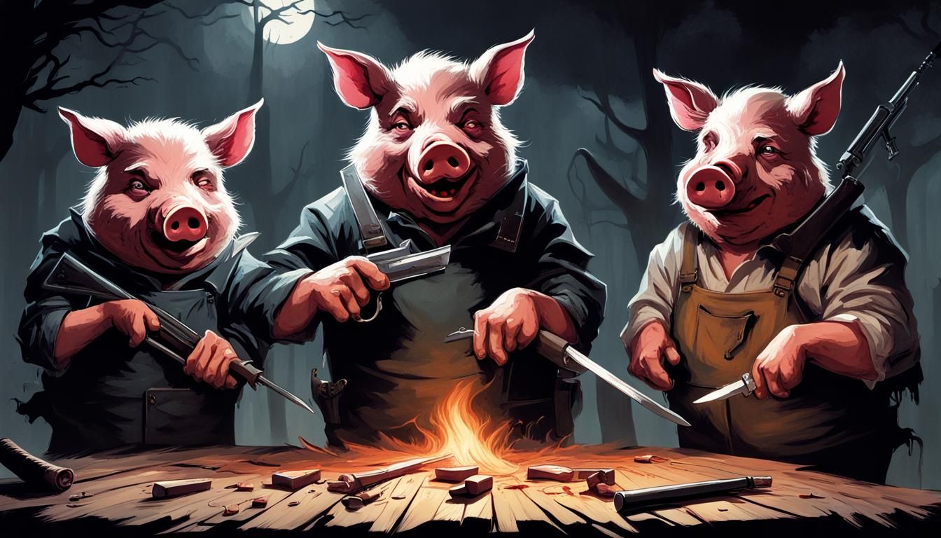the 3 little pigs planning to kill the big bad wolf, weapons, evil, horror  by @The Oren Summoner