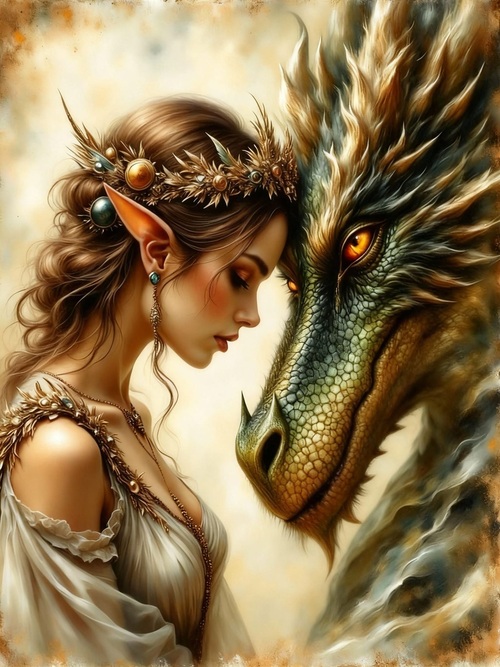 Elf Warrior and Dragon Embrace in Gritty Watercolor