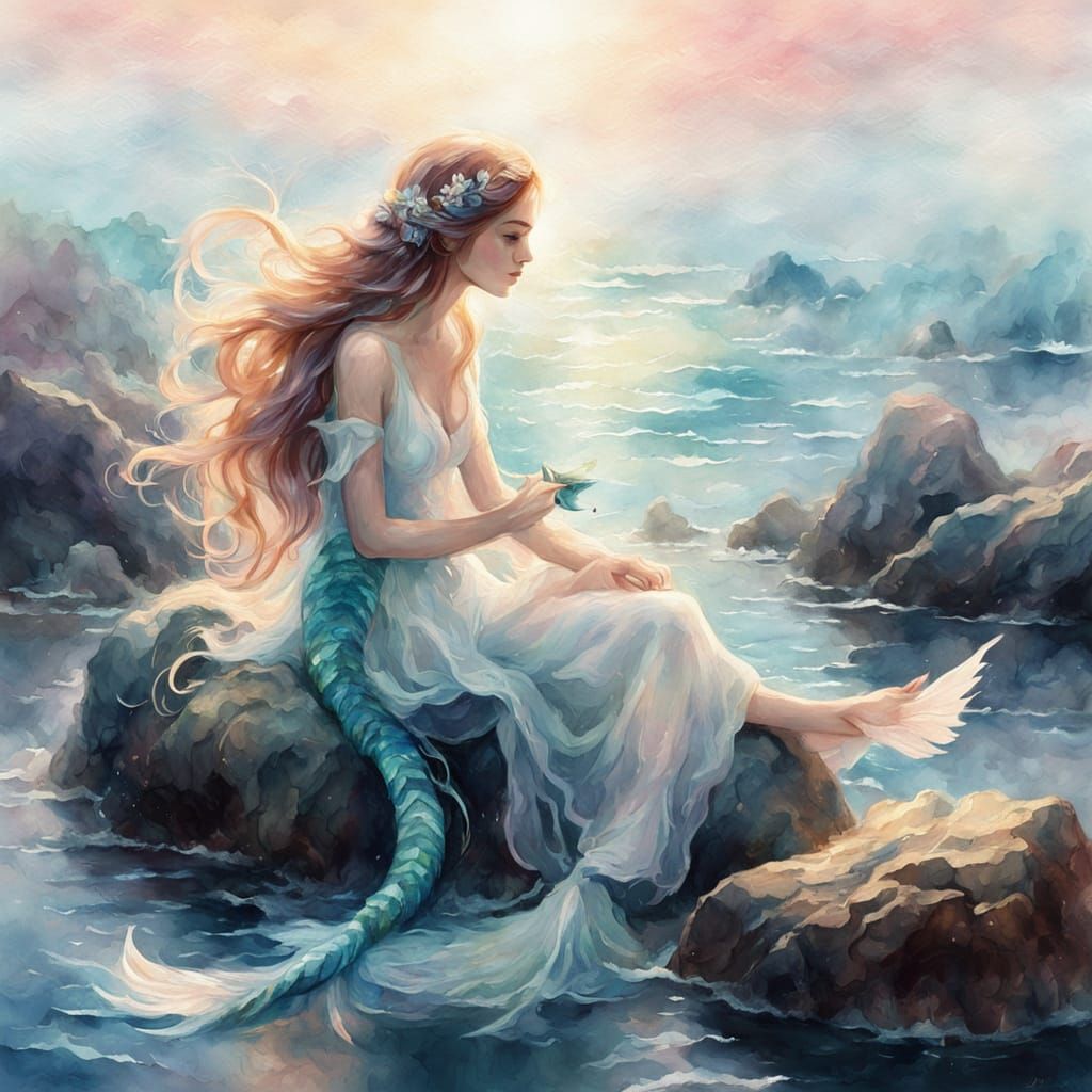 Mystical Ocean Siren in Soft Watercolor