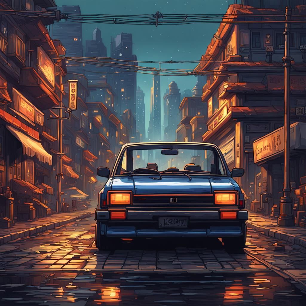 Pixel art 8 bit. Portrait of an old Honda civic on the stree...