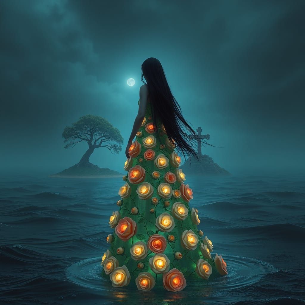 Very realistic. Very detailed. Beautiful woman with long black hair dressed in long dress made of glowing roses with thorns. Nught. Very lit...