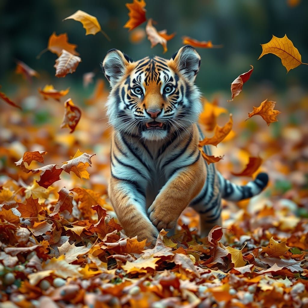 A tiger cub plays in autumn leaves creating a tornado of fall color.