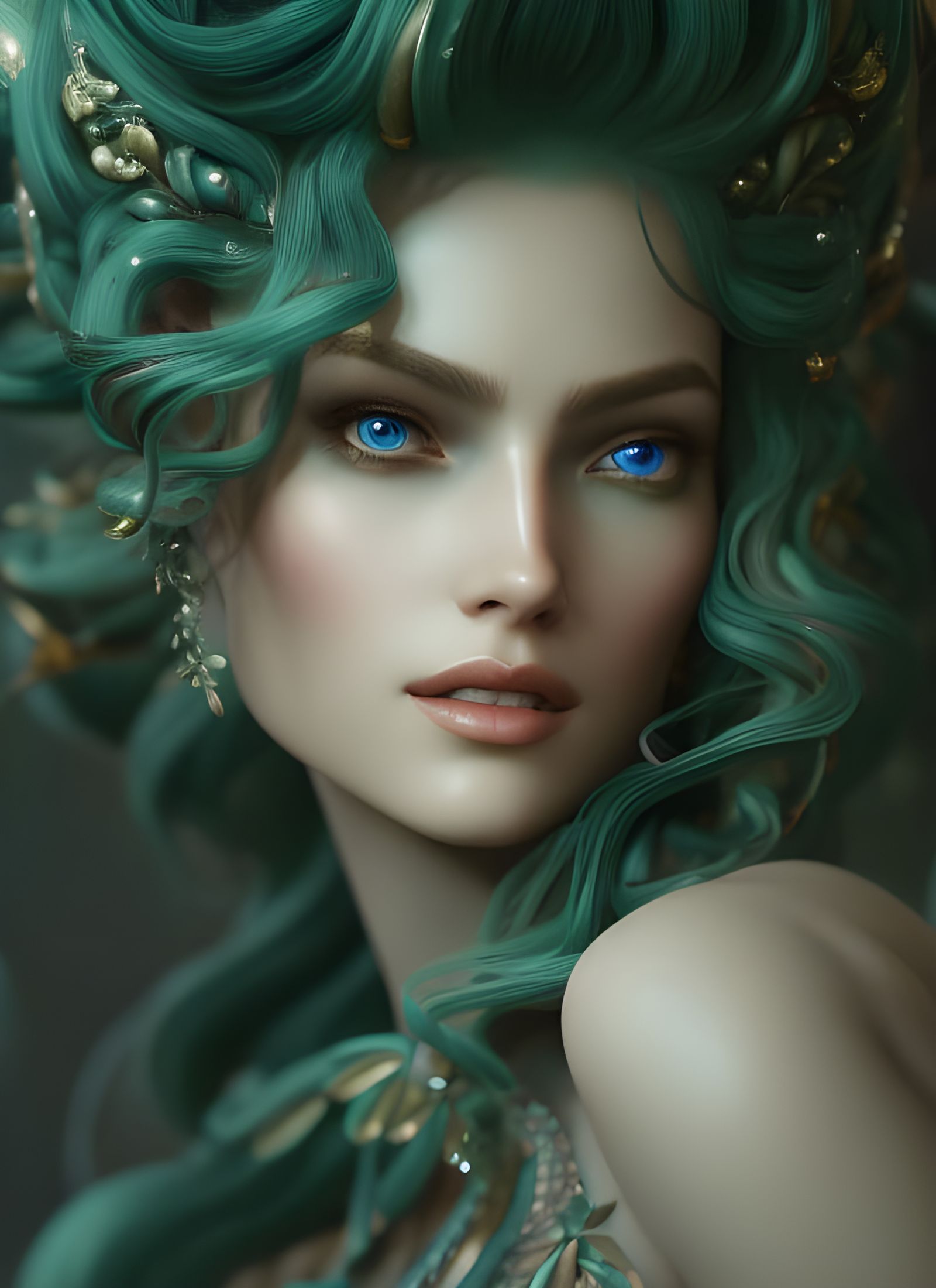 Insanely detailed, mermaid with green pearlescent skin and luminescent ...