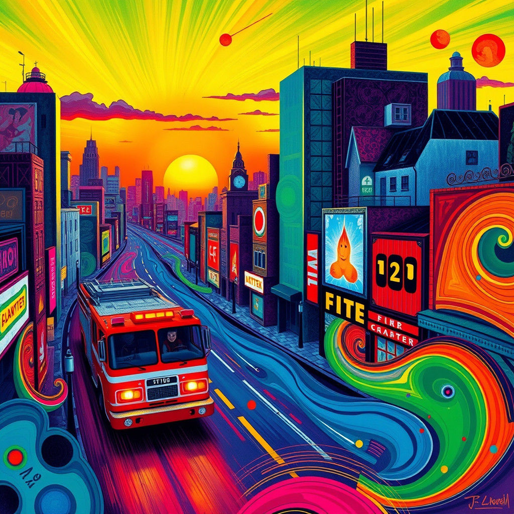Surreal Cityscape at Sunset: A Vibrant Digital Painting