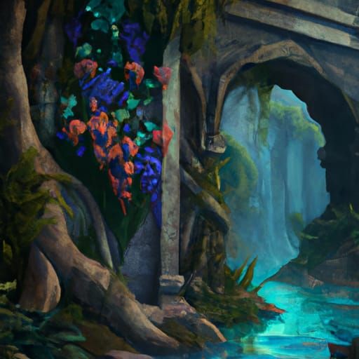 Lush, green plants and vines, colorful flowers hanging down ...