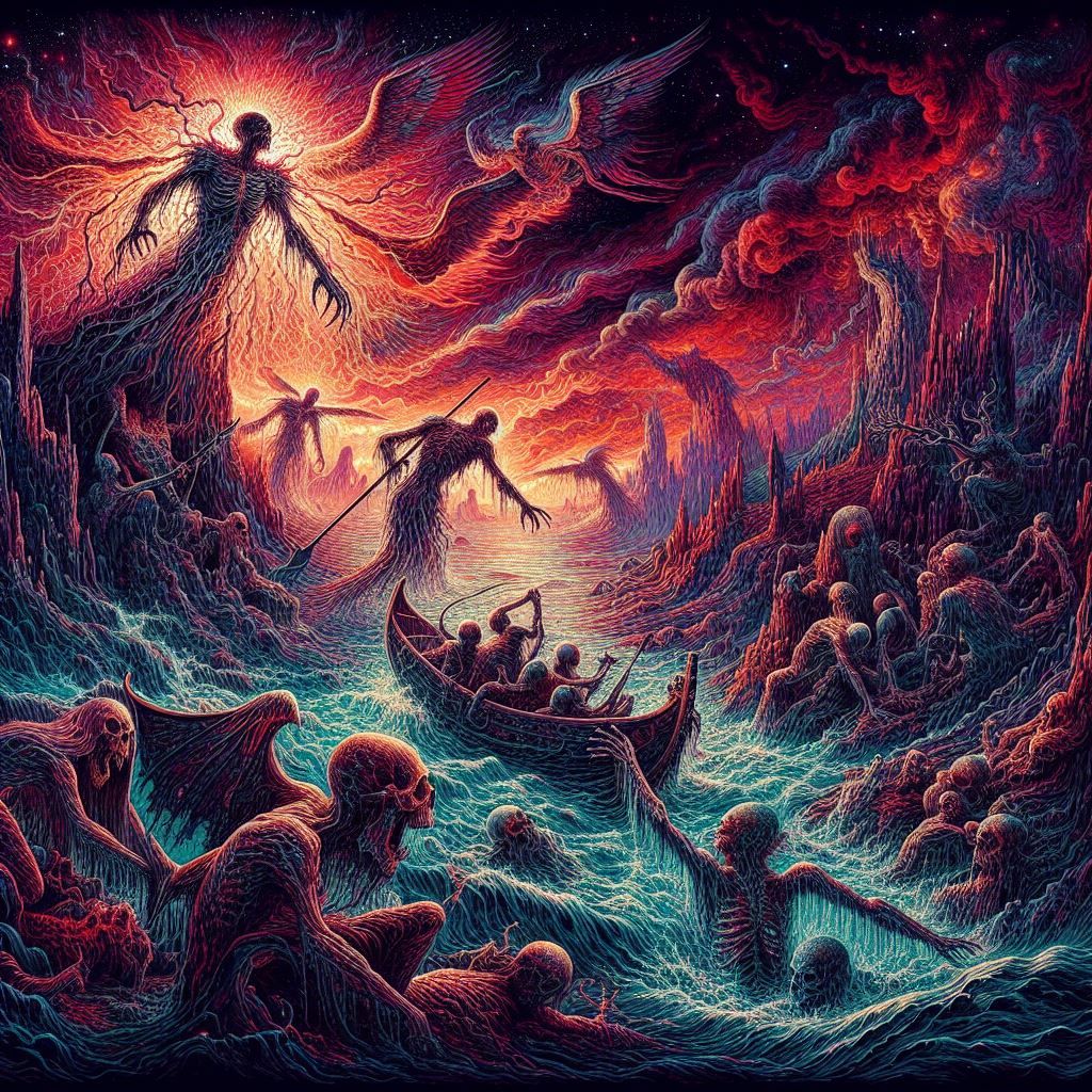 The Wrathful engage in combat with one another on the surface of the river Styx