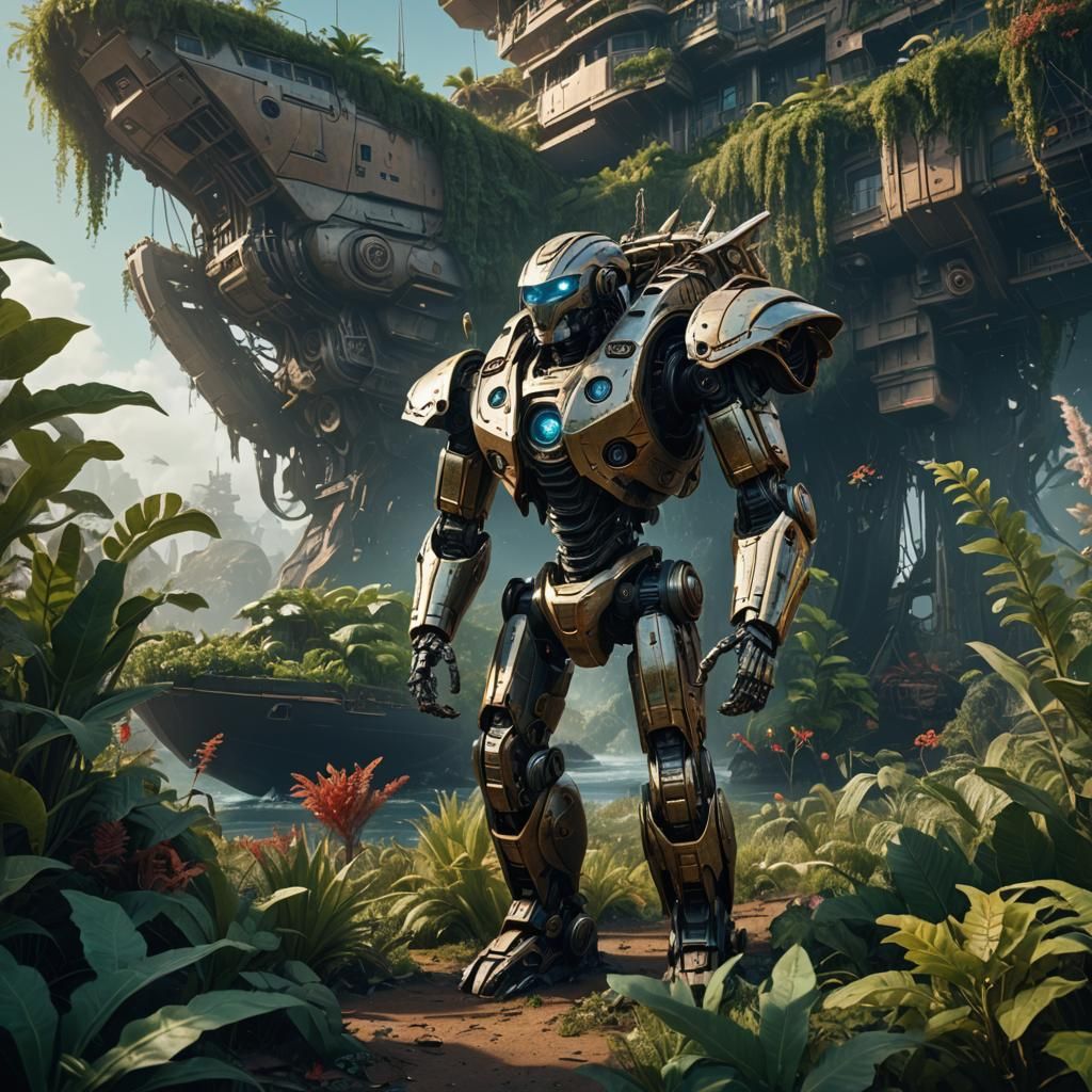 a human robot stands among the vegetation with his shell-sha...