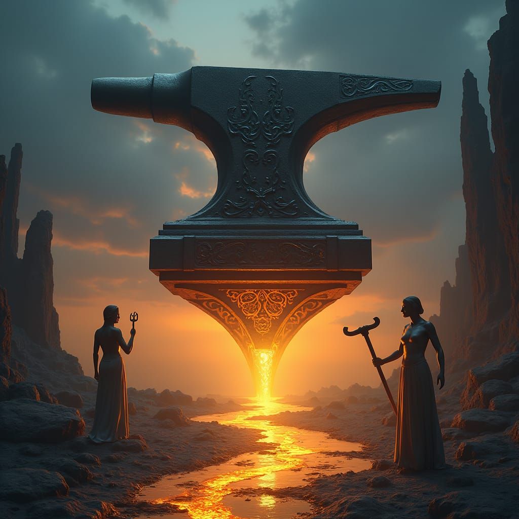 An oil painting of a twilight forge set in a mythical landsc...