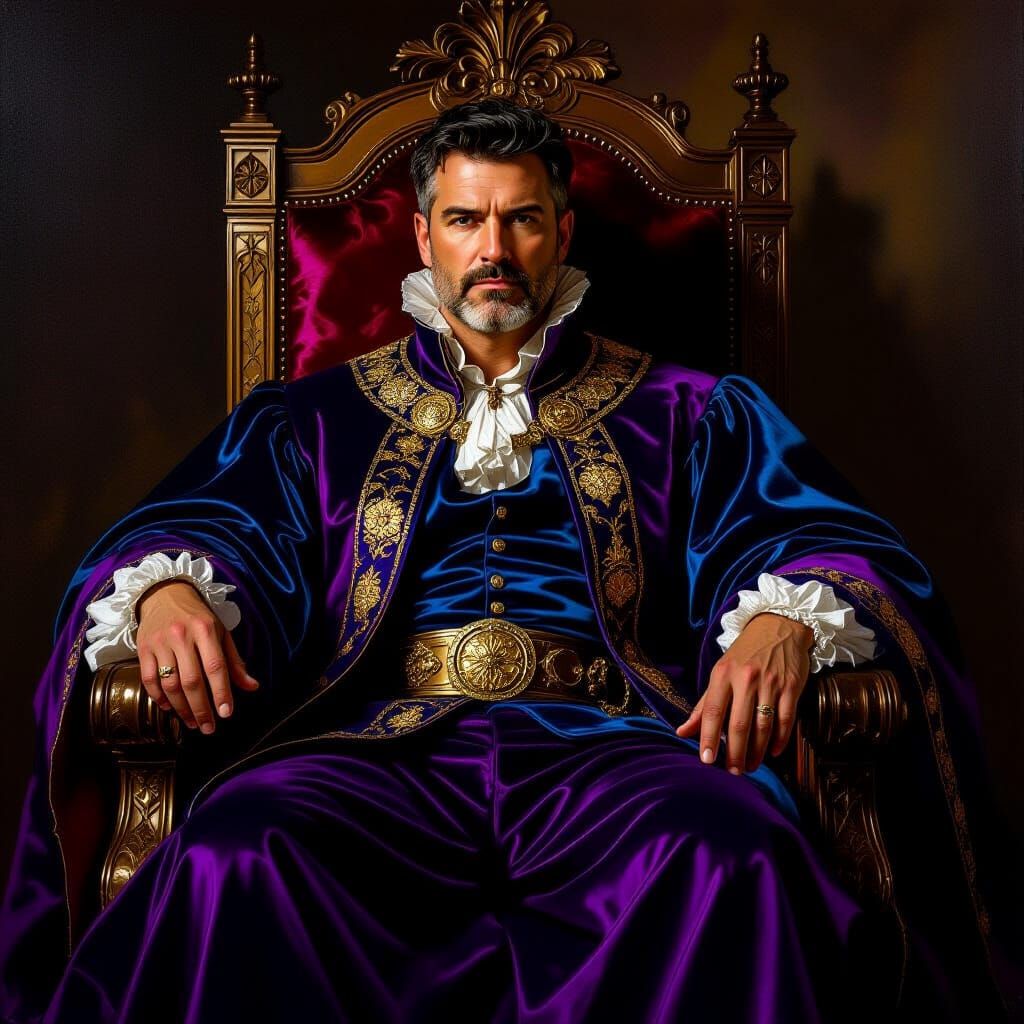 unattractive man in a blue on purple medieval style royal robe with extravagant design, short black hair, noble