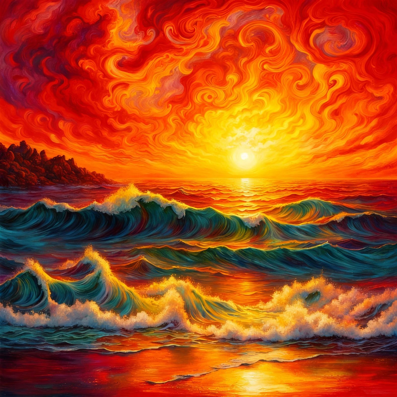 Sunrise over the ocean, red's oranges yellows brilliant colors mixed media 8K resolution stunning Josephine ...  by @eileenMcC