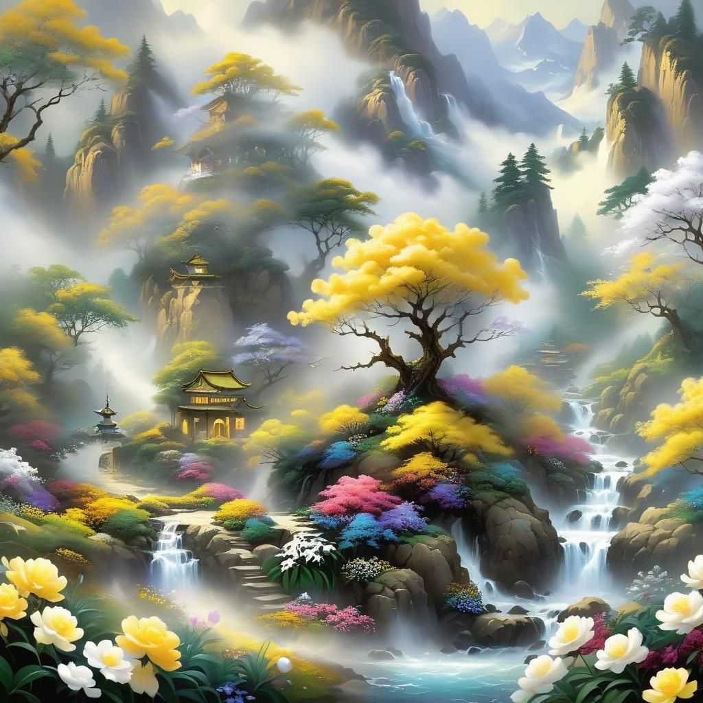 Ethereal Peony in Mist: A Luminous Fantasy Scene