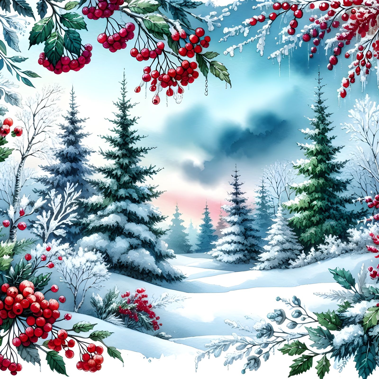 A winter wonderland in aquarel, colors red, green, blue and ...